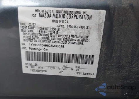2012 Mazda Mazda6 I Touring z USA, uszkodzony, nr VIN 1YVHZ8DH6C5M36618